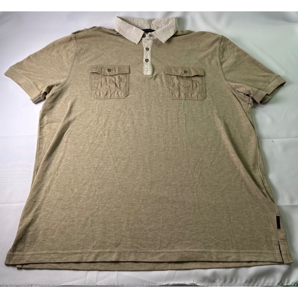 Sean John Mens Polo Shirt XL Beige Short Sleeve 2 Pocket Striped Collar
